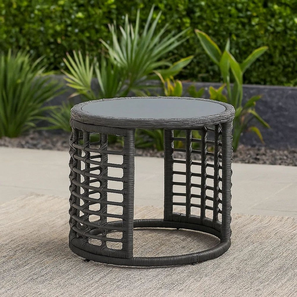 Benjara Outdoor Round Side End Table with Woven Accents, 18 Inch, Gray Rattan