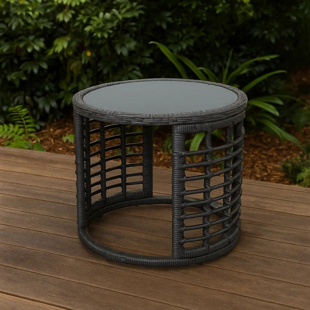 Benjara Outdoor Round Side End Table with Woven Accents, 18 Inch, Gray Rattan
