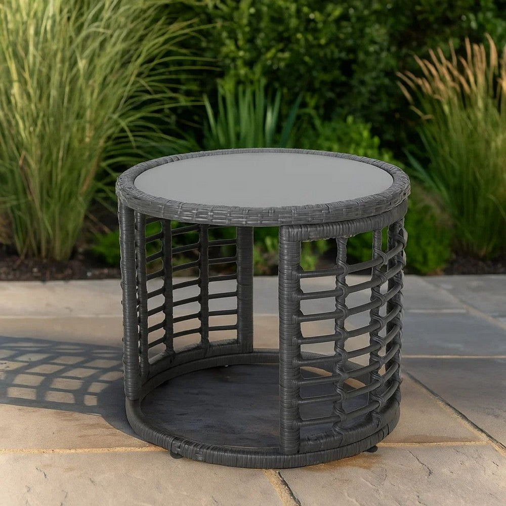 Benjara Outdoor Round Side End Table with Woven Accents, 18 Inch, Gray Rattan