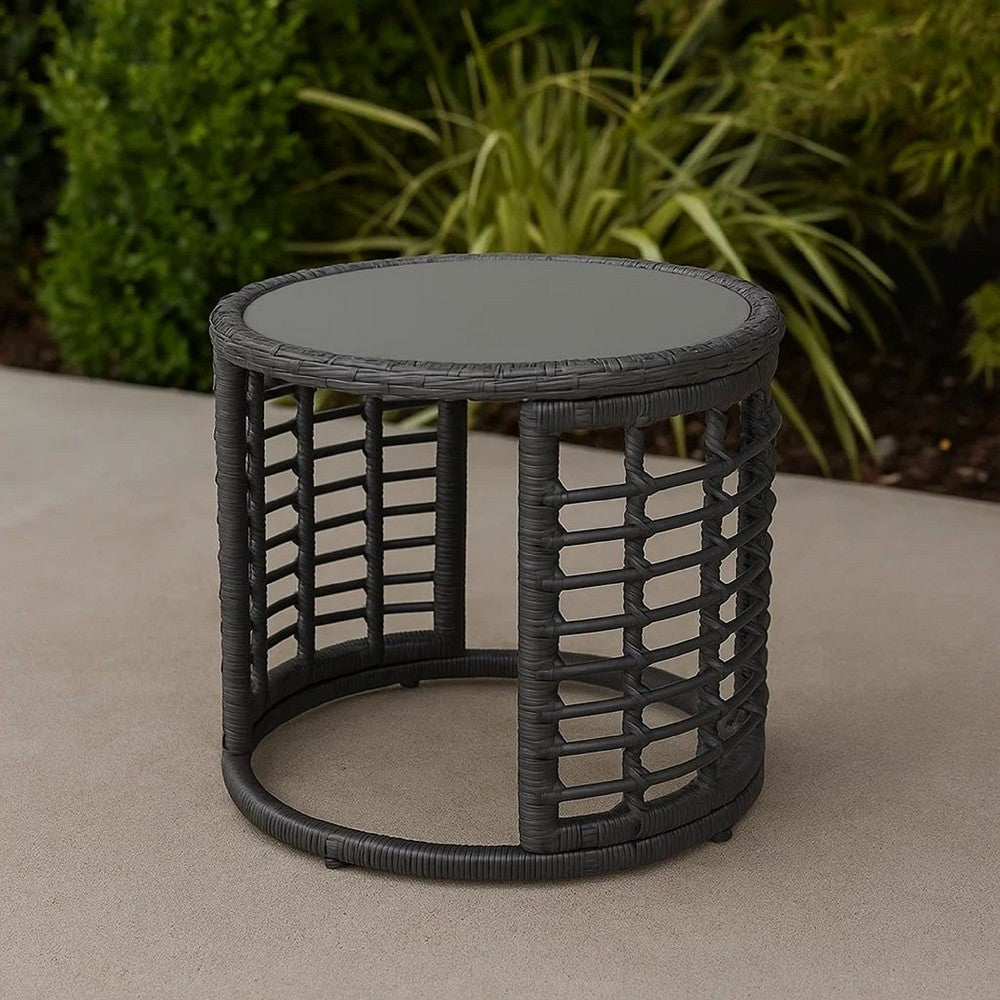 Benjara Outdoor Round Side End Table with Woven Accents, 18 Inch, Gray Rattan