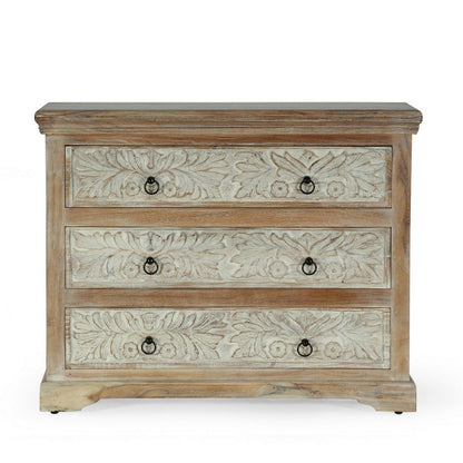 Benjara 40x14 Wide Dresser Chest, 3 Drawers, White Walnut Brown Acacia Wood