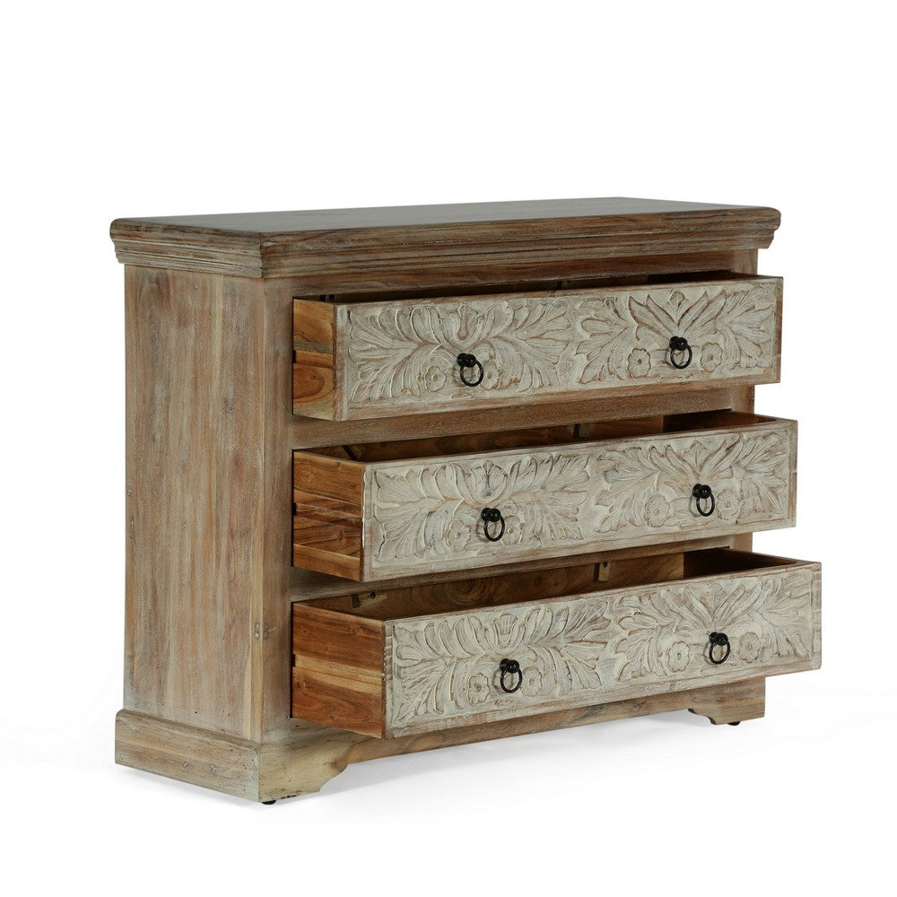 Benjara 40x14 Wide Dresser Chest, 3 Drawers, White Walnut Brown Acacia Wood