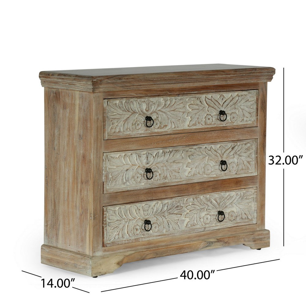 Benjara 40x14 Wide Dresser Chest, 3 Drawers, White Walnut Brown Acacia Wood