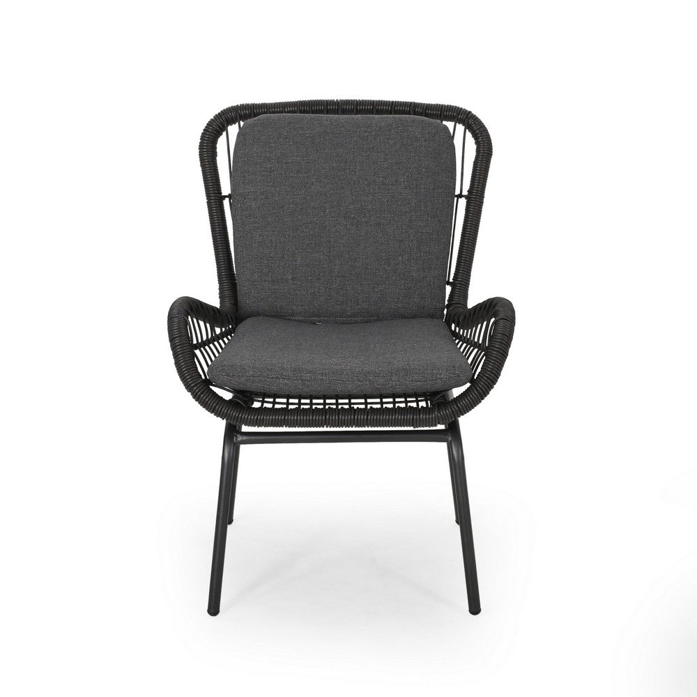 Benjara Patio Accent Chair Set of 2, Open Wicker, Round Edge, Black Iron, Gray