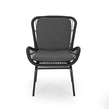 Benjara Patio Accent Chair Set of 2, Open Wicker, Round Edge, Black Iron, Gray