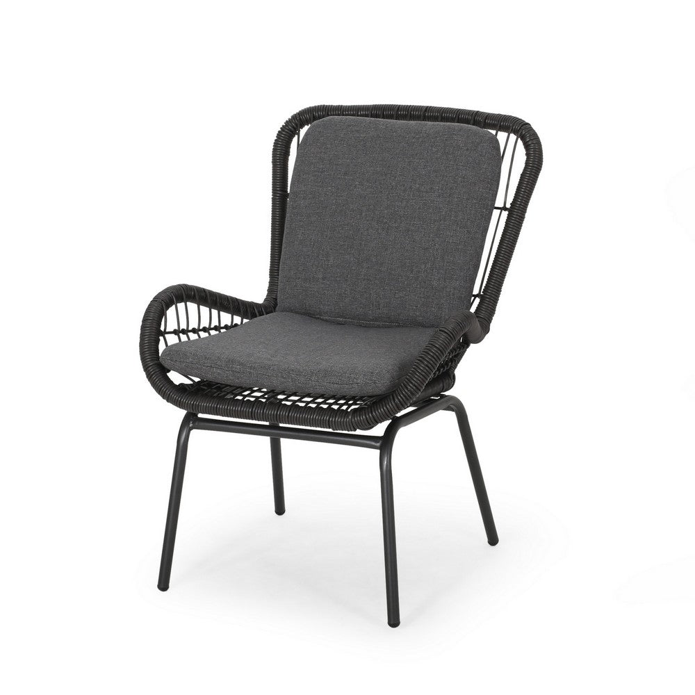 Benjara Patio Accent Chair Set of 2, Open Wicker, Round Edge, Black Iron, Gray