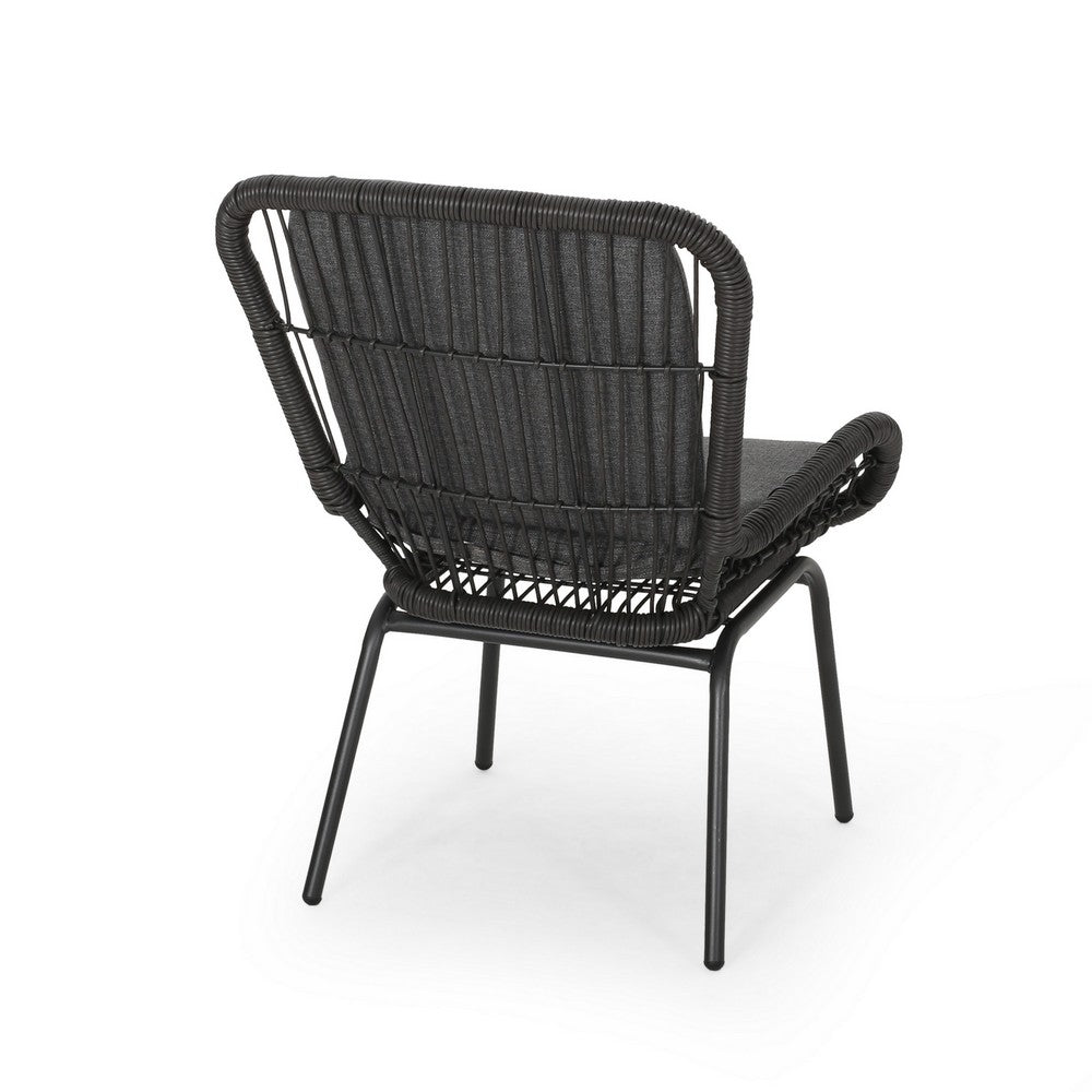 Benjara Patio Accent Chair Set of 2, Open Wicker, Round Edge, Black Iron, Gray