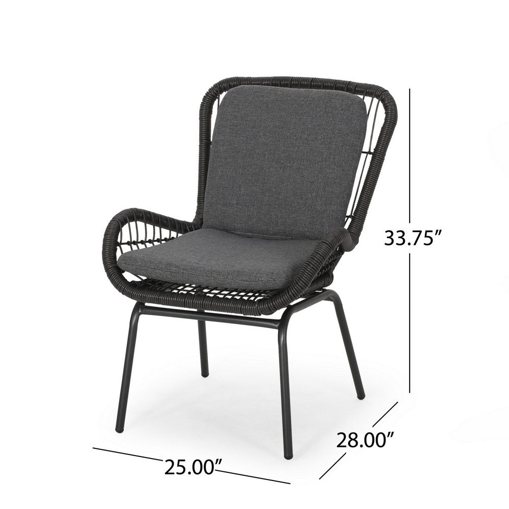 Benjara Patio Accent Chair Set of 2, Open Wicker, Round Edge, Black Iron, Gray