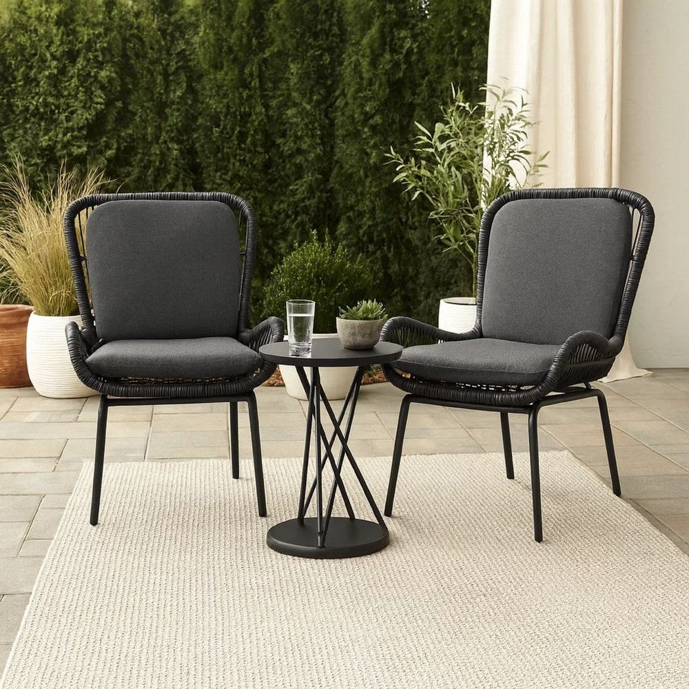 Benjara Patio Accent Chair Set of 2, Open Wicker, Round Edge, Black Iron, Gray