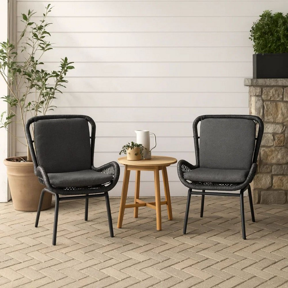 Benjara Patio Accent Chair Set of 2, Open Wicker, Round Edge, Black Iron, Gray
