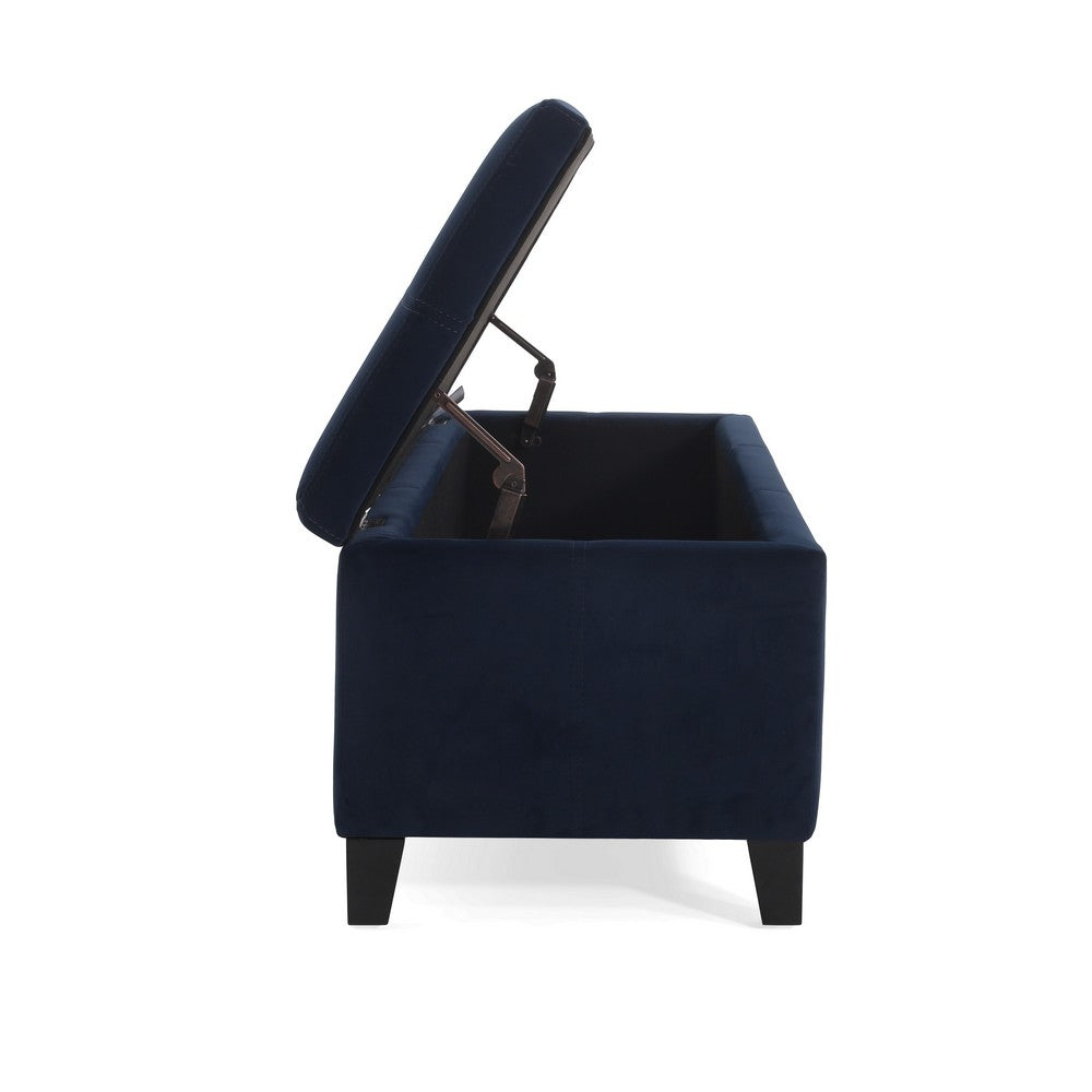 Benjara Elias Storage Ottoman Bench, 51 Inch Storage, Dark Navy Blue Velvet