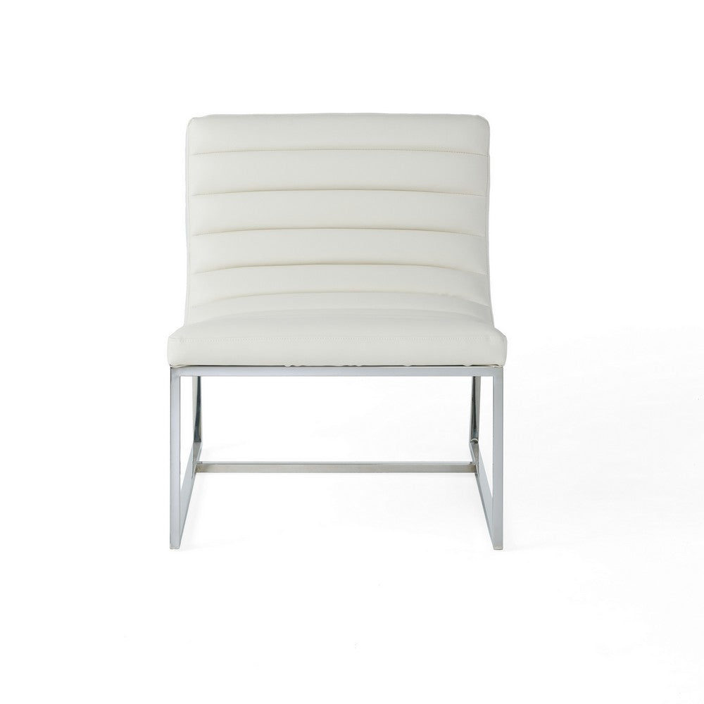 Benjara Roll Accent Side Chair, Chrome Stainless Steel, Plush White Leather