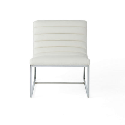 Benjara Roll Accent Side Chair, Chrome Stainless Steel, Plush White Leather