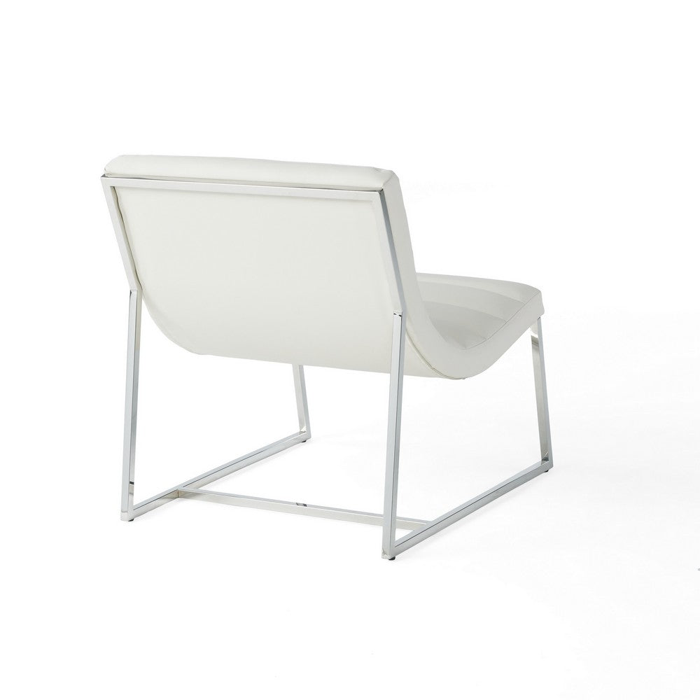Benjara Roll Accent Side Chair, Chrome Stainless Steel, Plush White Leather