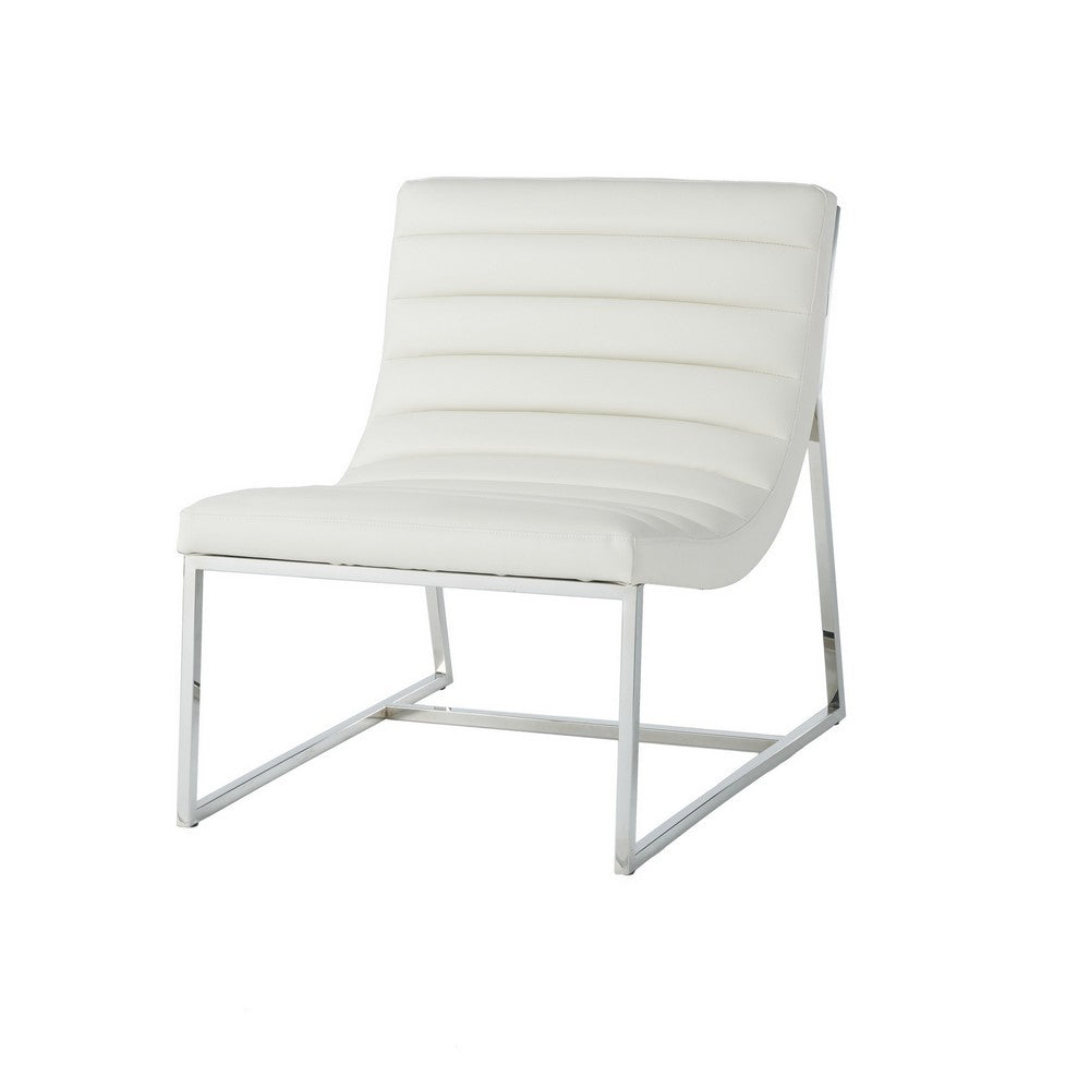 Benjara Roll Accent Side Chair, Chrome Stainless Steel, Plush White Leather