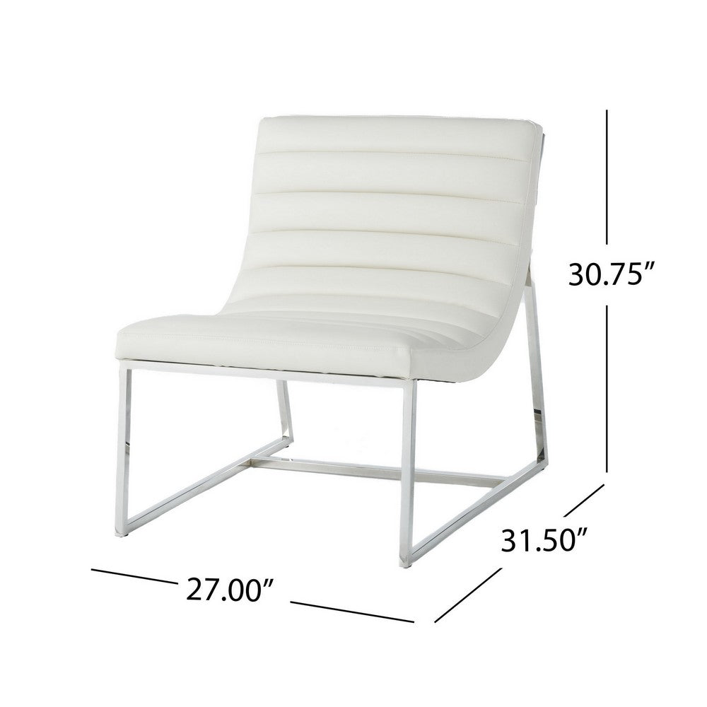 Benjara Roll Accent Side Chair, Chrome Stainless Steel, Plush White Leather