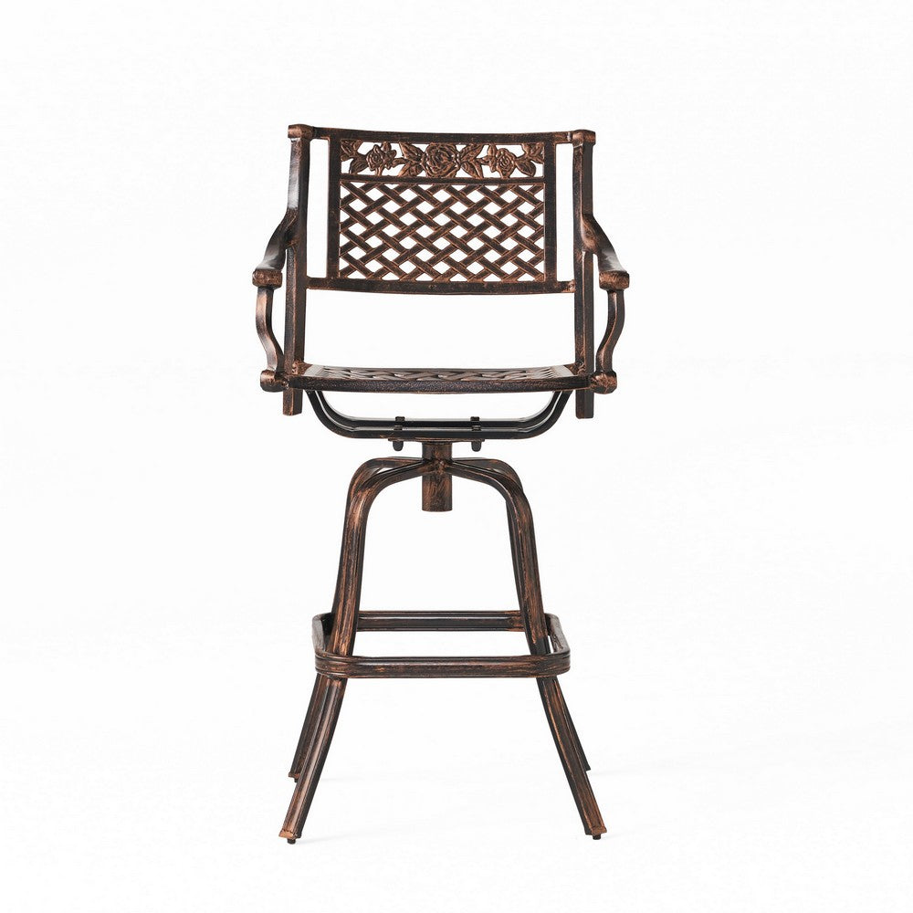 Benjara Kaven Outdoor Swivel Barstool Chair, Copper Brown Metal Lattice Design
