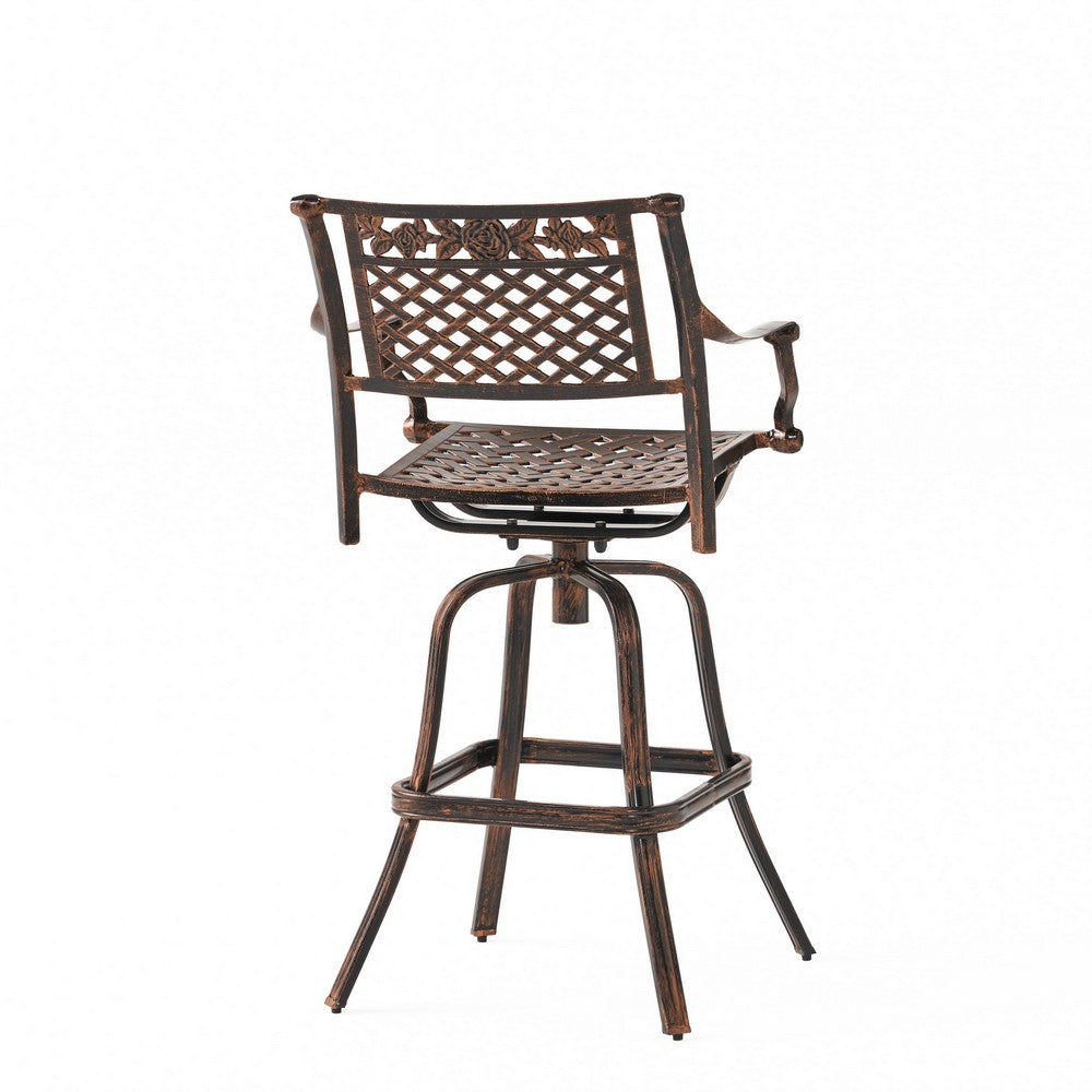 Benjara Kaven Outdoor Swivel Barstool Chair, Copper Brown Metal Lattice Design
