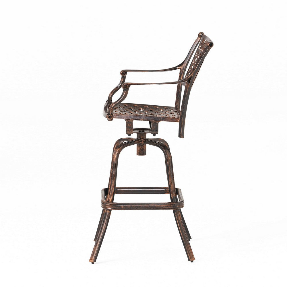 Benjara Kaven Outdoor Swivel Barstool Chair, Copper Brown Metal Lattice Design