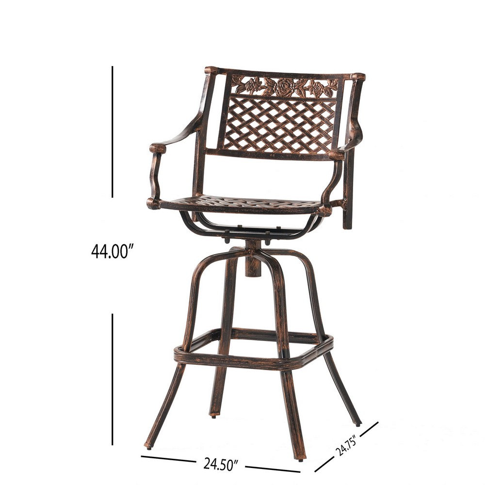 Benjara Kaven Outdoor Swivel Barstool Chair, Copper Brown Metal Lattice Design