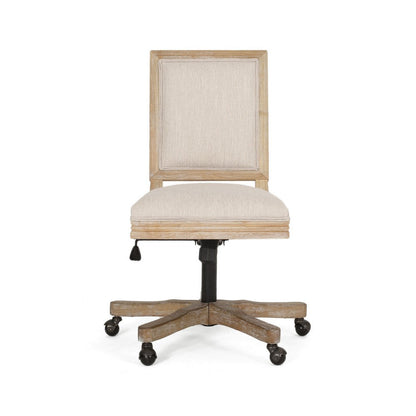 Benjara Swivel Rolling Office Chair, Beige Fabric, Weathered Light Brown Wood