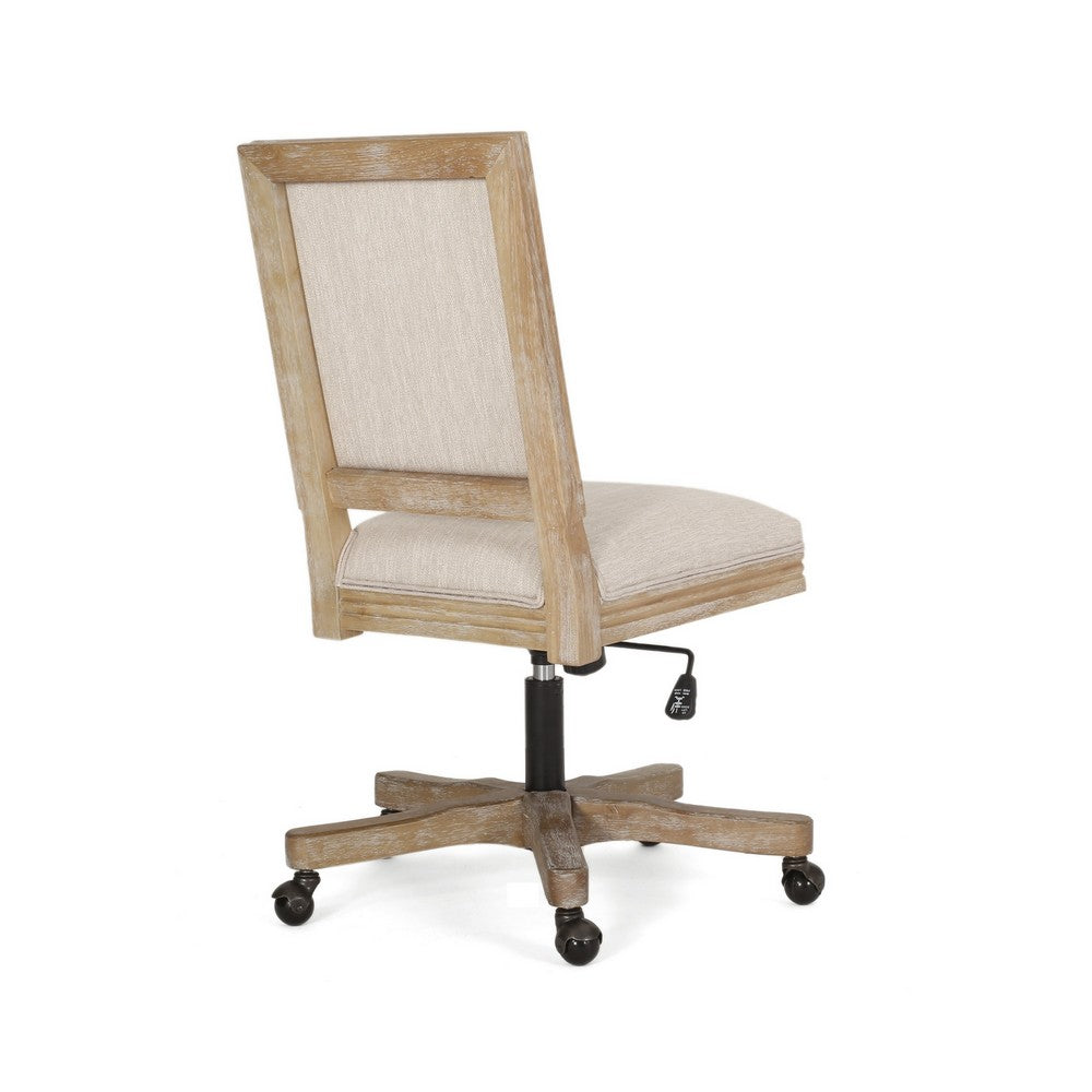 Benjara Swivel Rolling Office Chair, Beige Fabric, Weathered Light Brown Wood