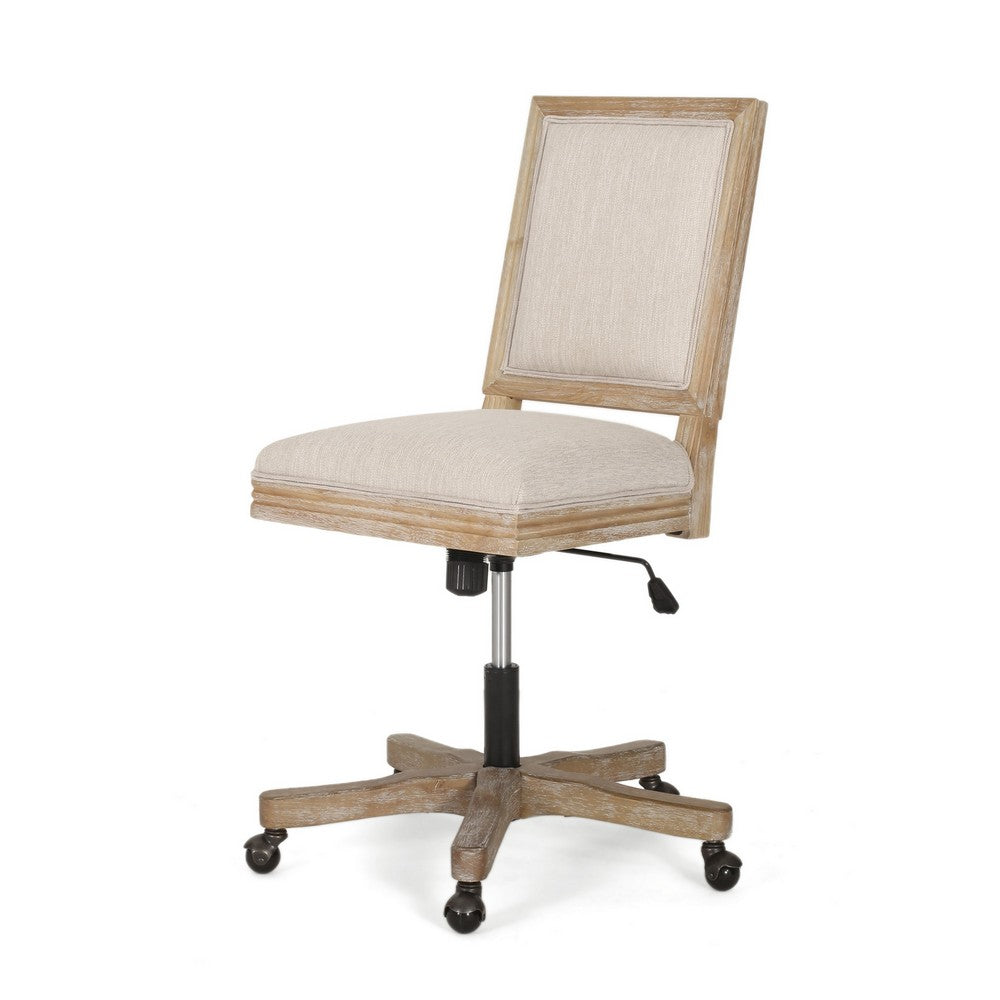 Benjara Swivel Rolling Office Chair, Beige Fabric, Weathered Light Brown Wood