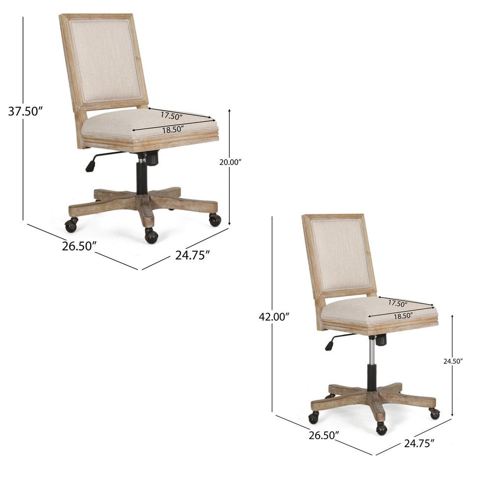 Benjara Swivel Rolling Office Chair, Beige Fabric, Weathered Light Brown Wood