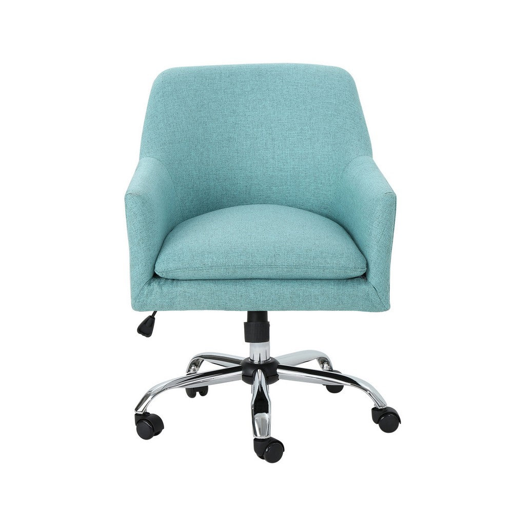 Benjara Heza Rolling Swivel Office Chair, Light Blue Fabric, Chrome Metal