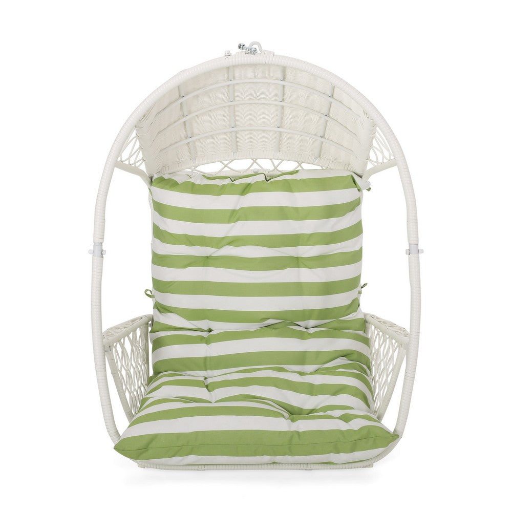 Benjara Ory Outdoor Hanging Chair, Cocoon Shape Abstract Design, White Rattan