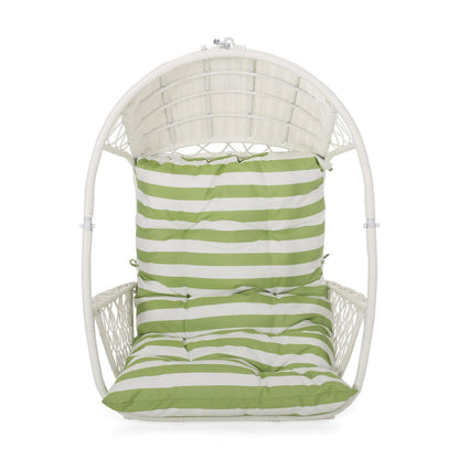 Benjara Ory Outdoor Hanging Chair, Cocoon Shape Abstract Design, White Rattan