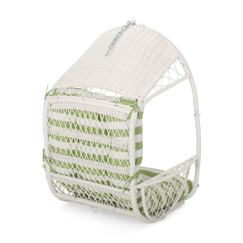 Benjara Ory Outdoor Hanging Chair, Cocoon Shape Abstract Design, White Rattan