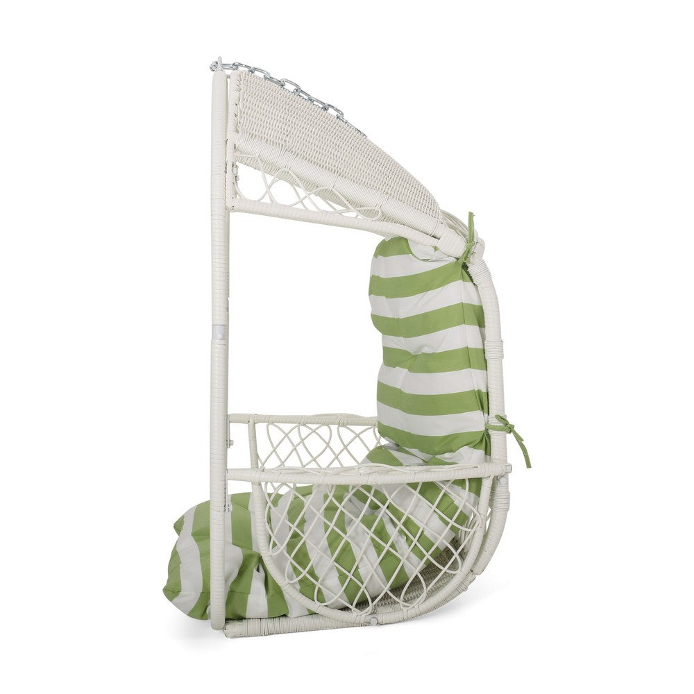 Benjara Ory Outdoor Hanging Chair, Cocoon Shape Abstract Design, White Rattan