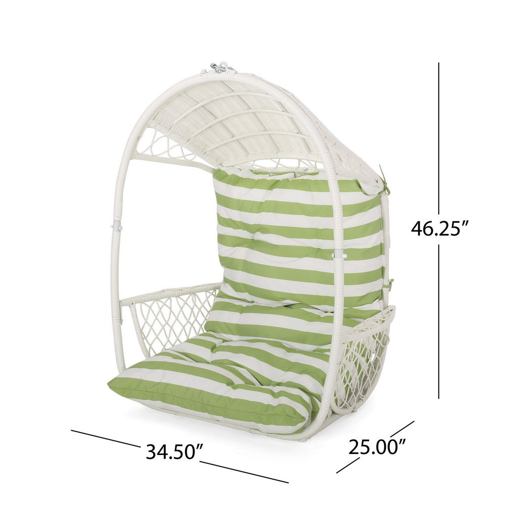 Benjara Ory Outdoor Hanging Chair, Cocoon Shape Abstract Design, White Rattan