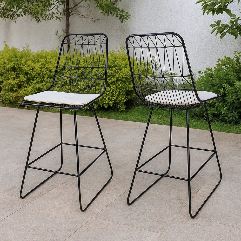 Benjara Outdoor Counter Stool Chair Set of 2, Black Iron Frame Construction