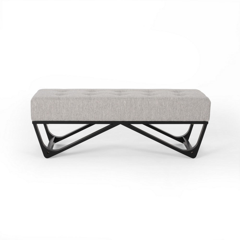 Benjara Liba Ottoman Bench, Button Tufted Beige Fabric, Black Frame, 47 Inch