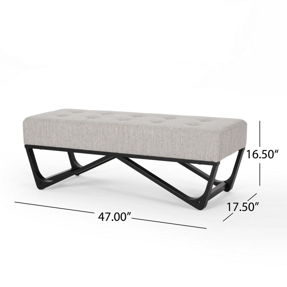 Benjara Liba Ottoman Bench, Button Tufted Beige Fabric, Black Frame, 47 Inch