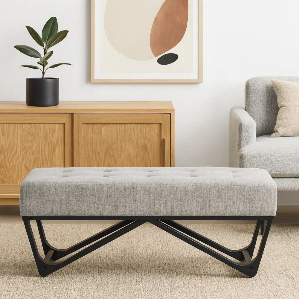 Benjara Liba Ottoman Bench, Button Tufted Beige Fabric, Black Frame, 47 Inch