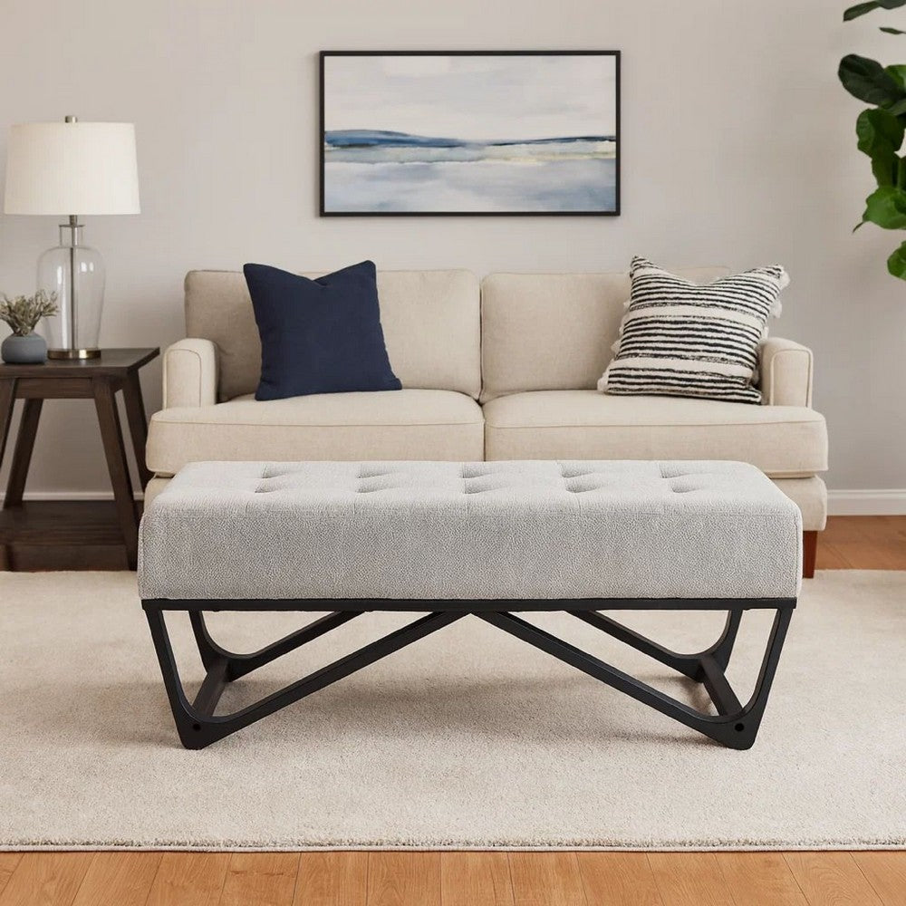 Benjara Liba Ottoman Bench, Button Tufted Beige Fabric, Black Frame, 47 Inch