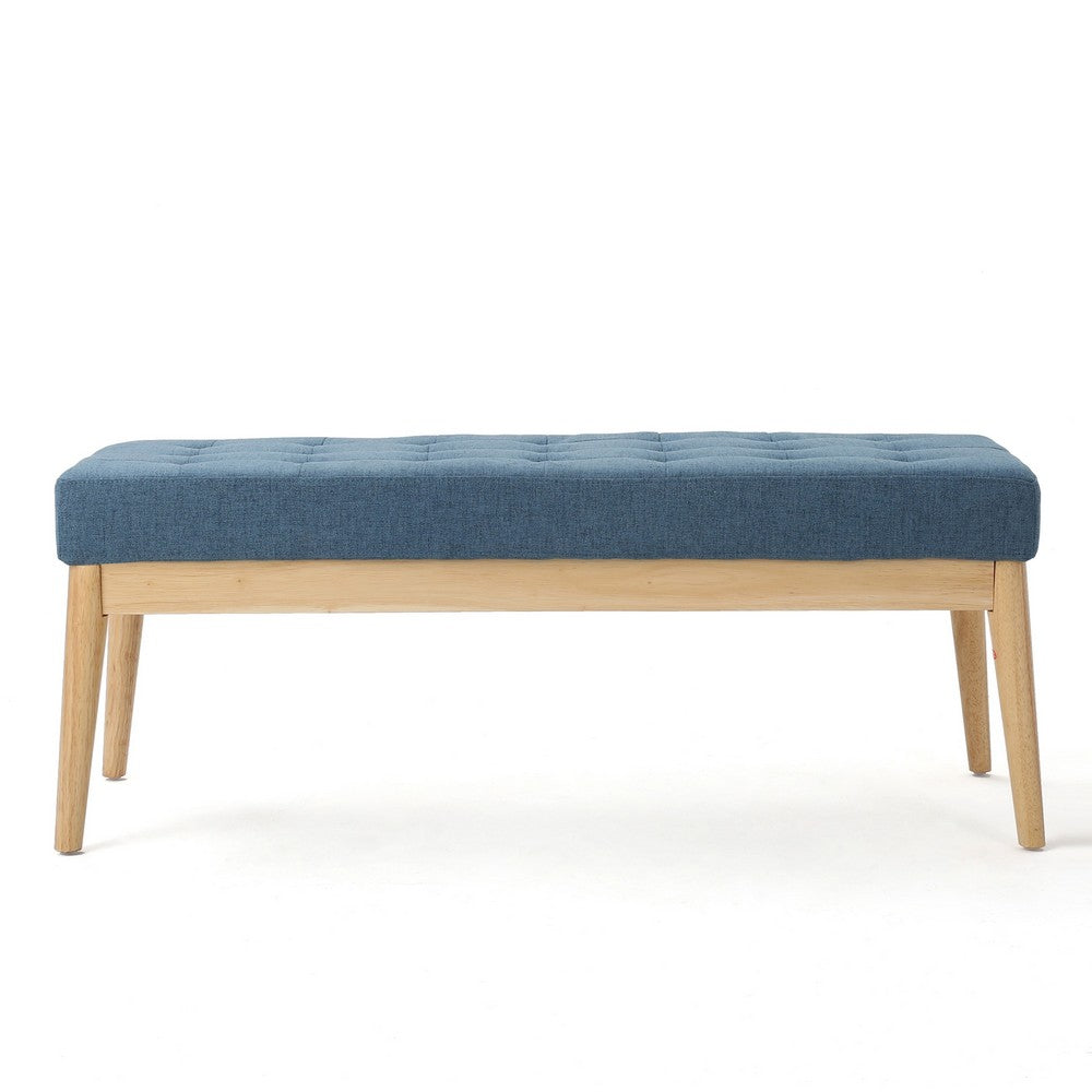 Benjara Gisa Ottoman Bench, Blue Fabric Tufted, Natural Brown Wood, 44 Inch