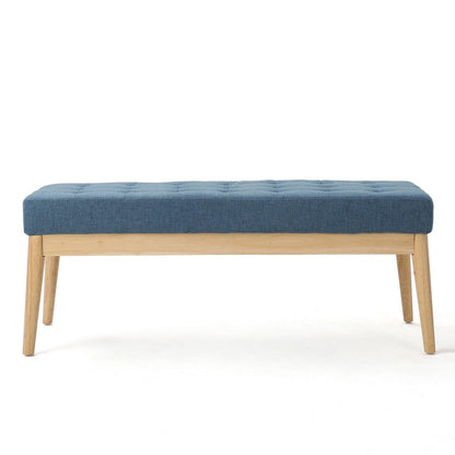 Benjara Gisa Ottoman Bench, Blue Fabric Tufted, Natural Brown Wood, 44 Inch
