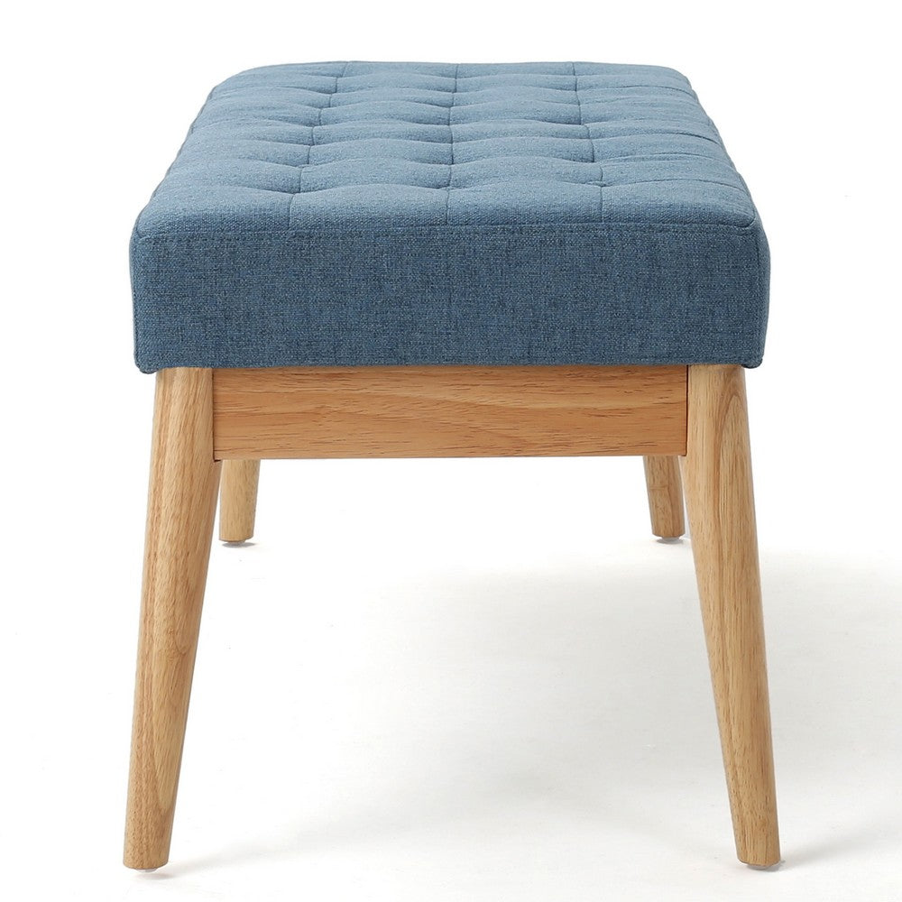 Benjara Gisa Ottoman Bench, Blue Fabric Tufted, Natural Brown Wood, 44 Inch