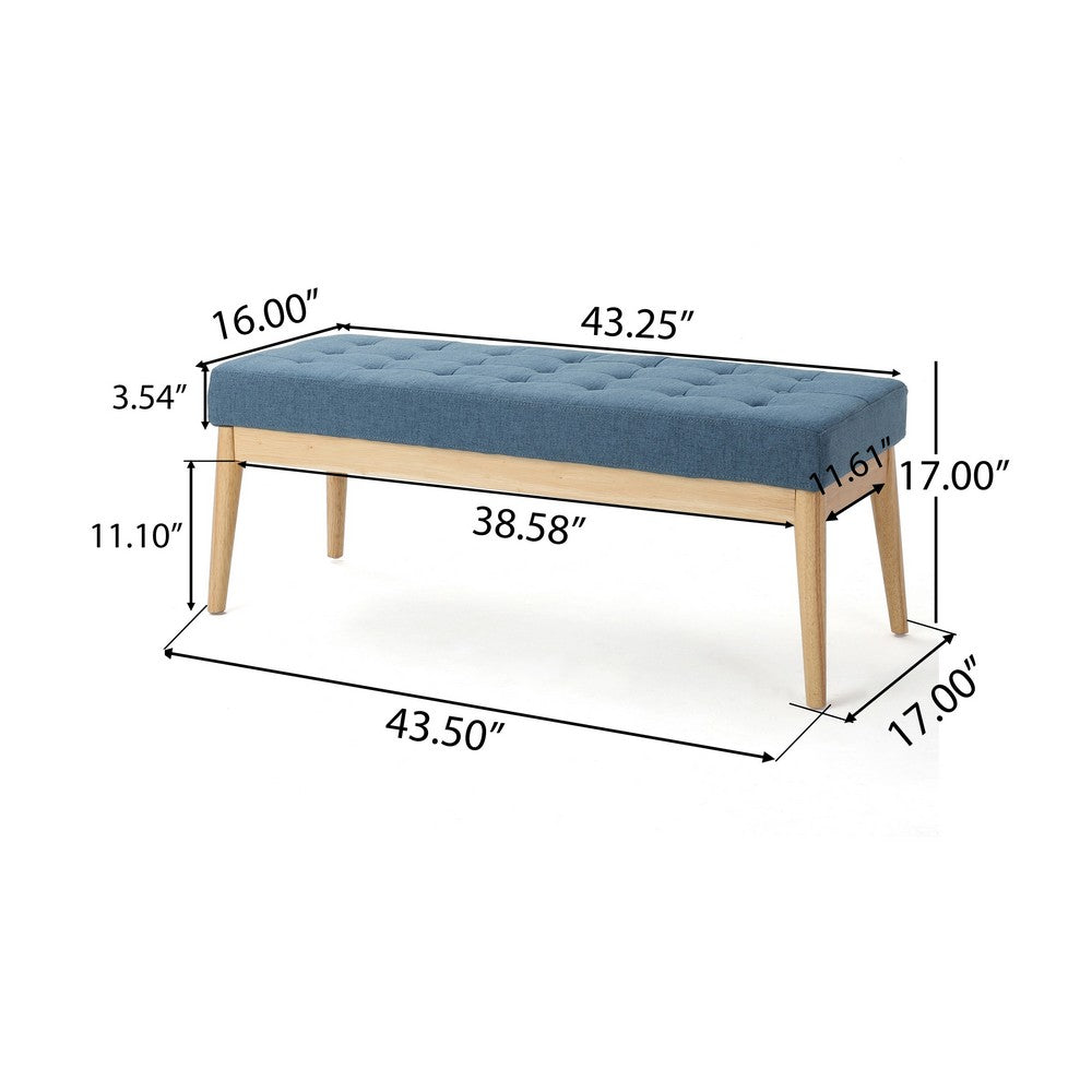 Benjara Gisa Ottoman Bench, Blue Fabric Tufted, Natural Brown Wood, 44 Inch