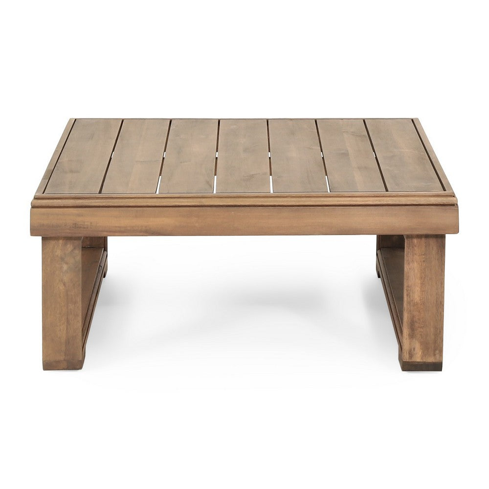 Benjara Chelsie Outdoor Coffee Table, Slatted Top, Brown Wood, Square 28 Inch