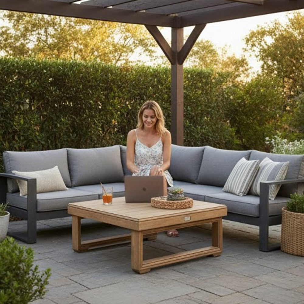 Benjara Chelsie Outdoor Coffee Table, Slatted Top, Brown Wood, Square 28 Inch
