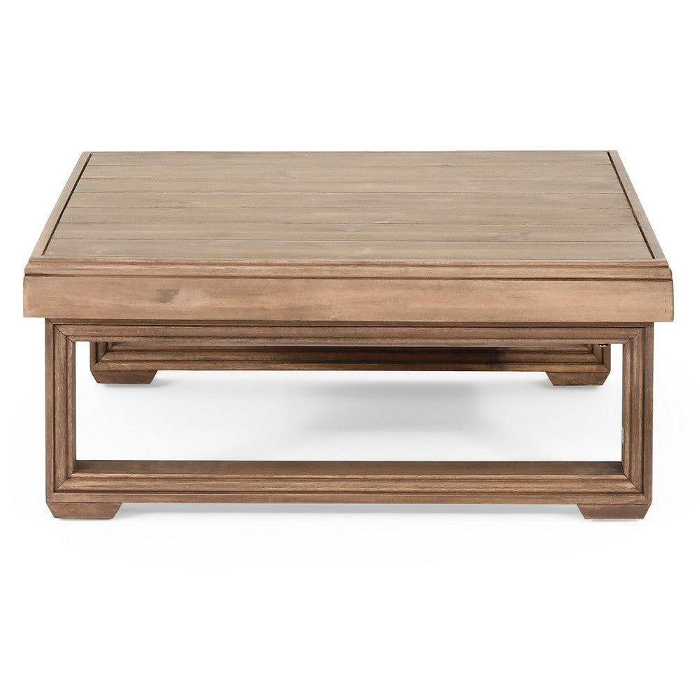 Benjara Chelsie Outdoor Coffee Table, Slatted Top, Brown Wood, Square 28 Inch