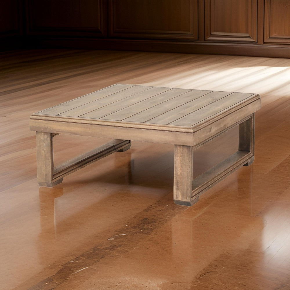 Benjara Chelsie Outdoor Coffee Table, Slatted Top, Brown Wood, Square 28 Inch