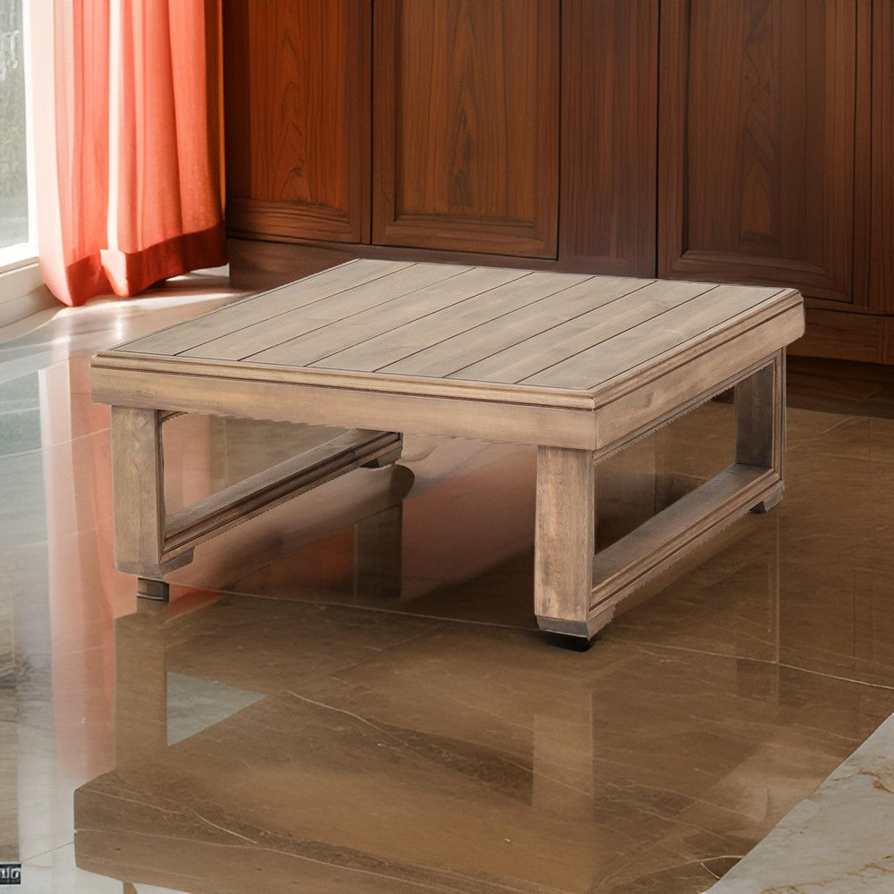 Benjara Chelsie Outdoor Coffee Table, Slatted Top, Brown Wood, Square 28 Inch