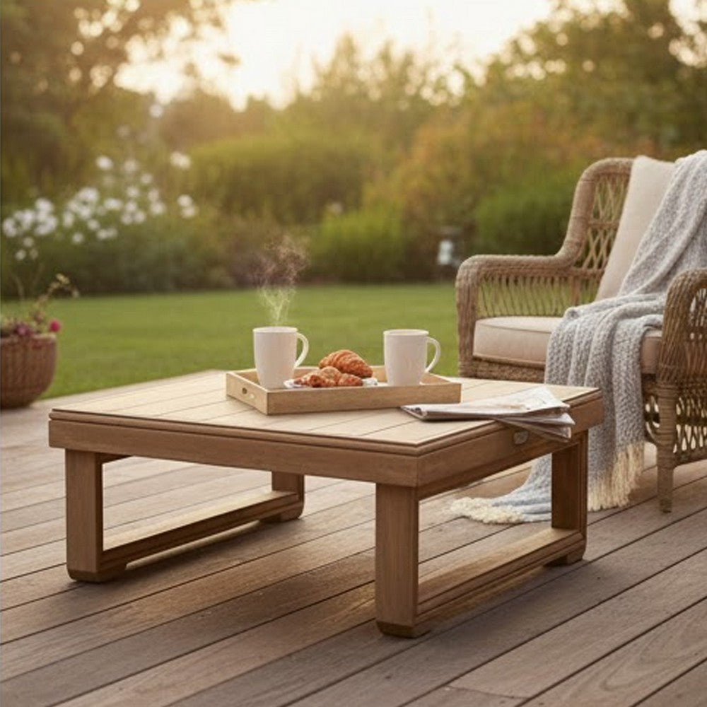 Benjara Chelsie Outdoor Coffee Table, Slatted Top, Brown Wood, Square 28 Inch