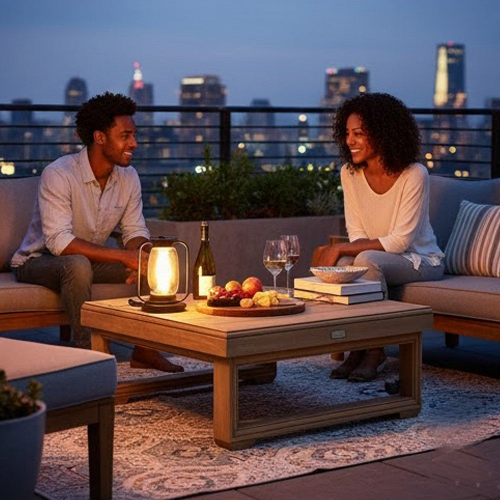 Benjara Chelsie Outdoor Coffee Table, Slatted Top, Brown Wood, Square 28 Inch